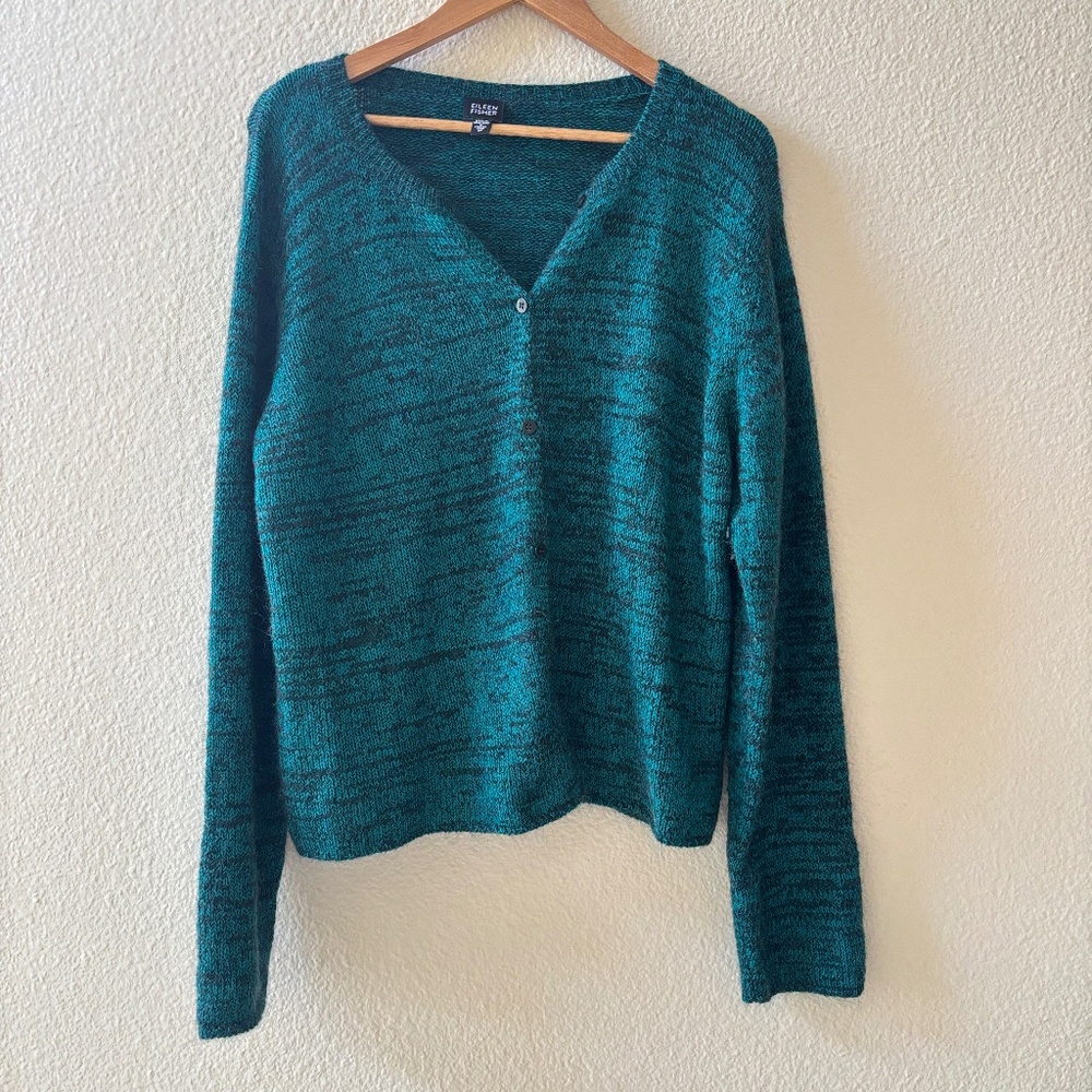 Eileen Fisher Knit Mohair Wool Cardigan Sweater Teal Button Up M
